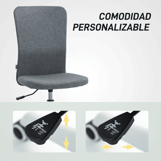 HOMCOM Cadeira de Escritório sem Apoio para os Braços Cadeira de Escritório Giratória Estofada em Linho Sintético com Altura Ajustável para Estudo Dormitório Tocador Carga 120 kg 53x43x85-93 cm Cinza