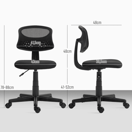 HOMCOM Cadeira de Escritório sem Apoio para os Braços Cadeira de Escritório Giratória com Encosto de Malha Respirável Altura Ajustável Carga 120 kg 43x48x78-88 cm Preto