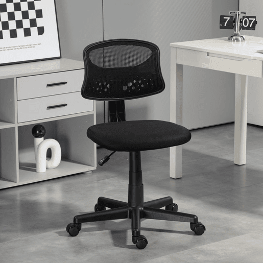 HOMCOM Cadeira de Escritório sem Apoio para os Braços Cadeira de Escritório Giratória com Encosto de Malha Respirável Altura Ajustável Carga 120 kg 43x48x78-88 cm Preto