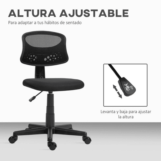 HOMCOM Cadeira de Escritório sem Apoio para os Braços Cadeira de Escritório Giratória com Encosto de Malha Respirável Altura Ajustável Carga 120 kg 43x48x78-88 cm Preto