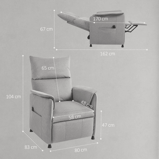 HOMCOM Poltrona Relax Reclinável Elétrica Poltrona Reclinável Silenciosa com Função Memória Apoio para Pés Controlo Remoto e Bolsos Laterais para Dormitório Sala de Estar 80x83x104 cm Cinzento