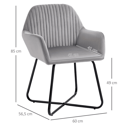 HOMCOM Cadeira de Sala de Jantar Cadeira Estofada em Veludo com Assento Acolchoado Base Metálica Cruzada Cadeira de Leitura para Sala de Estar Quarto 60x56,5x85 cm Cinza