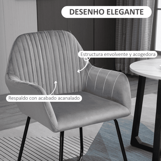 HOMCOM Cadeira de Sala de Jantar Cadeira Estofada em Veludo com Assento Acolchoado Base Metálica Cruzada Cadeira de Leitura para Sala de Estar Quarto 60x56,5x85 cm Cinza