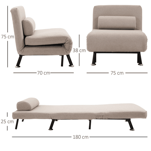 HOMCOM Sofá Cama Individual Sofá Cama Dobrável Estofado em Linho com Encosto Ajustável em 5 Níveis e Almofada Acolchoada para Escritório Dormitório Sala de Estar 75x70x75 cm Bege