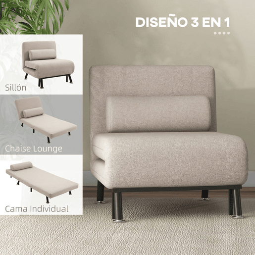HOMCOM Sofá Cama Individual Sofá Cama Dobrável Estofado em Linho com Encosto Ajustável em 5 Níveis e Almofada Acolchoada para Escritório Dormitório Sala de Estar 75x70x75 cm Bege