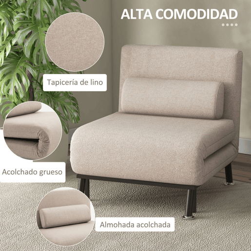 HOMCOM Sofá Cama Individual Sofá Cama Dobrável Estofado em Linho com Encosto Ajustável em 5 Níveis e Almofada Acolchoada para Escritório Dormitório Sala de Estar 75x70x75 cm Bege