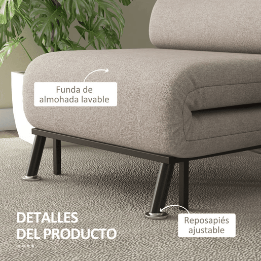 HOMCOM Sofá Cama Individual Sofá Cama Dobrável Estofado em Linho com Encosto Ajustável em 5 Níveis e Almofada Acolchoada para Escritório Dormitório Sala de Estar 75x70x75 cm Bege