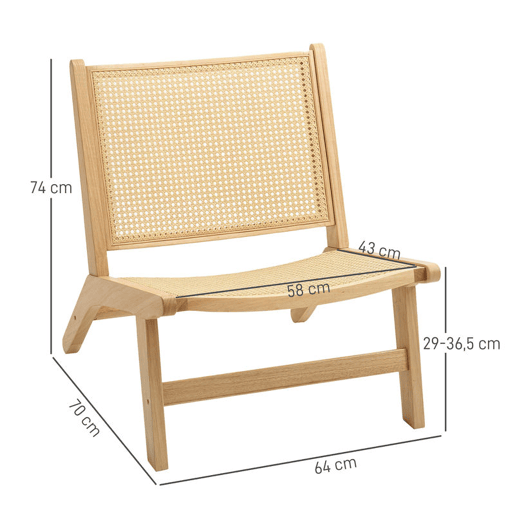 HOMCOM Cadeira para Sala de Estar Nórdica Poltrona com Encosto e Assento Amplo em Vime Estrutura de Madeira Poltrona para Dormitório Sala de Estar 64x70x74 cm Madeira e Bege