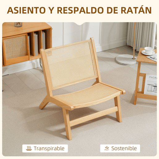 HOMCOM Cadeira para Sala de Estar Nórdica Poltrona com Encosto e Assento Amplo em Vime Estrutura de Madeira Poltrona para Dormitório Sala de Estar 64x70x74 cm Madeira e Bege