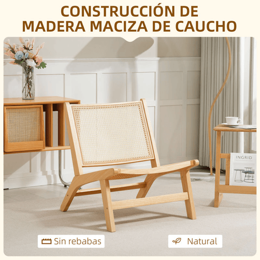HOMCOM Cadeira para Sala de Estar Nórdica Poltrona com Encosto e Assento Amplo em Vime Estrutura de Madeira Poltrona para Dormitório Sala de Estar 64x70x74 cm Madeira e Bege