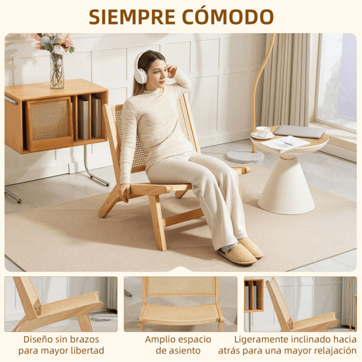 HOMCOM Cadeira para Sala de Estar Nórdica Poltrona com Encosto e Assento Amplo em Vime Estrutura de Madeira Poltrona para Dormitório Sala de Estar 64x70x74 cm Madeira e Bege