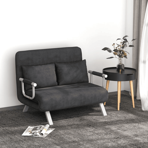 HOMCOM Sofá Cama de 2 Lugares Sofá Cama Pequeno Estofado em Camurça Sintética com Encosto Ajustável em 5 Níveis e 2 Almofadas Acolchoadas para Escritório Dormitório Sala de Estar 111x80x78 cm Cinzento