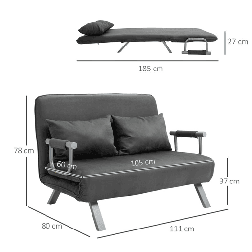 HOMCOM Sofá Cama de 2 Lugares Sofá Cama Pequeno Estofado em Camurça Sintética com Encosto Ajustável em 5 Níveis e 2 Almofadas Acolchoadas para Escritório Dormitório Sala de Estar 111x80x78 cm Cinzento