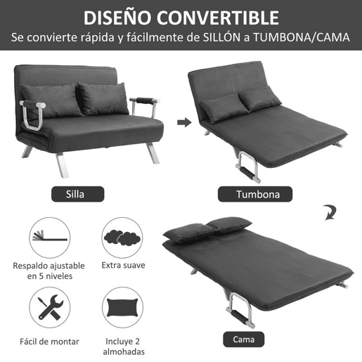 HOMCOM Sofá Cama de 2 Lugares Sofá Cama Pequeno Estofado em Camurça Sintética com Encosto Ajustável em 5 Níveis e 2 Almofadas Acolchoadas para Escritório Dormitório Sala de Estar 111x80x78 cm Cinzento