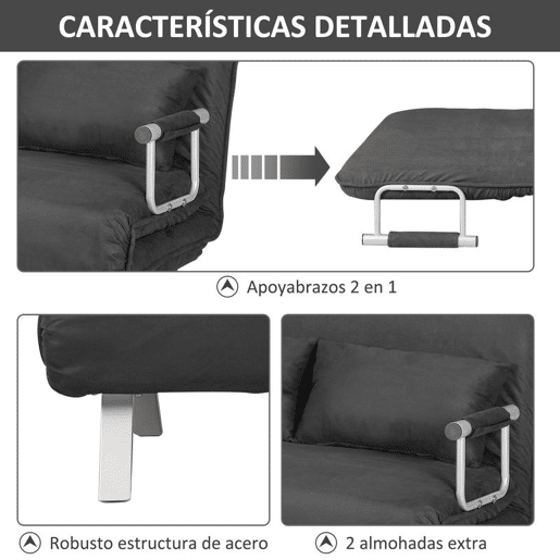 HOMCOM Sofá Cama de 2 Lugares Sofá Cama Pequeno Estofado em Camurça Sintética com Encosto Ajustável em 5 Níveis e 2 Almofadas Acolchoadas para Escritório Dormitório Sala de Estar 111x80x78 cm Cinzento