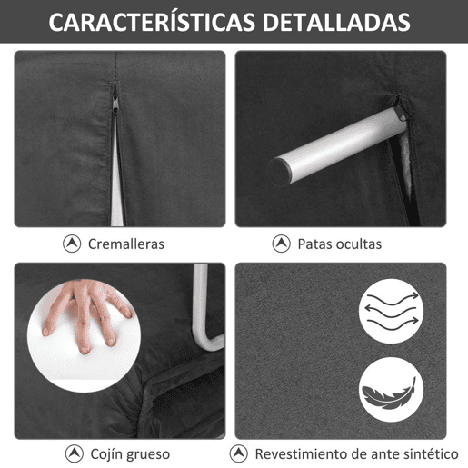 HOMCOM Sofá Cama de 2 Lugares Sofá Cama Pequeno Estofado em Camurça Sintética com Encosto Ajustável em 5 Níveis e 2 Almofadas Acolchoadas para Escritório Dormitório Sala de Estar 111x80x78 cm Cinzento