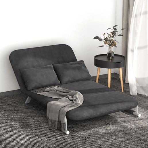HOMCOM Sofá Cama de 2 Lugares Sofá Cama Pequeno Estofado em Camurça Sintética com Encosto Ajustável em 5 Níveis e 2 Almofadas Acolchoadas para Escritório Dormitório Sala de Estar 111x80x78 cm Cinzento