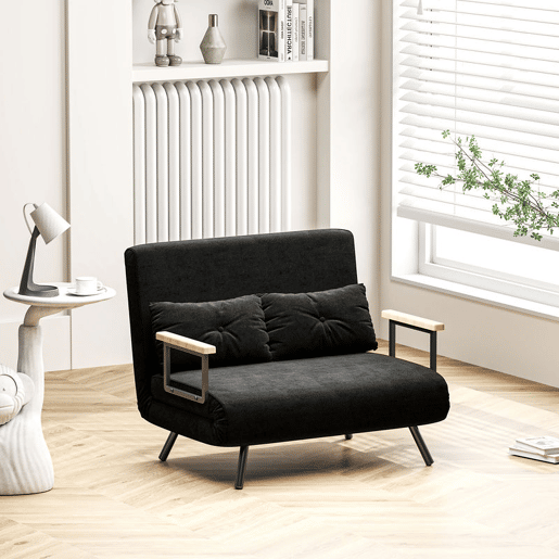 HOMCOM Sofá Cama Sofá Convertível em Cama de 2 Lugares Dobrável com Encosto Ajustável em 5 Níveis e 2 Almofadas Acolchoadas para Escritório Dormitório Sala de Estar 102x73x81 cm Preto