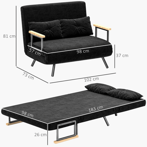 HOMCOM Sofá Cama Sofá Convertível em Cama de 2 Lugares Dobrável com Encosto Ajustável em 5 Níveis e 2 Almofadas Acolchoadas para Escritório Dormitório Sala de Estar 102x73x81 cm Preto