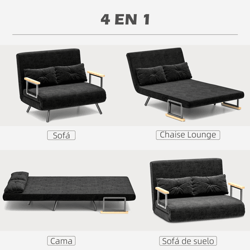 HOMCOM Sofá Cama Sofá Convertível em Cama de 2 Lugares Dobrável com Encosto Ajustável em 5 Níveis e 2 Almofadas Acolchoadas para Escritório Dormitório Sala de Estar 102x73x81 cm Preto