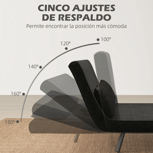 HOMCOM Sofá Cama Sofá Convertível em Cama de 2 Lugares Dobrável com Encosto Ajustável em 5 Níveis e 2 Almofadas Acolchoadas para Escritório Dormitório Sala de Estar 102x73x81 cm Preto