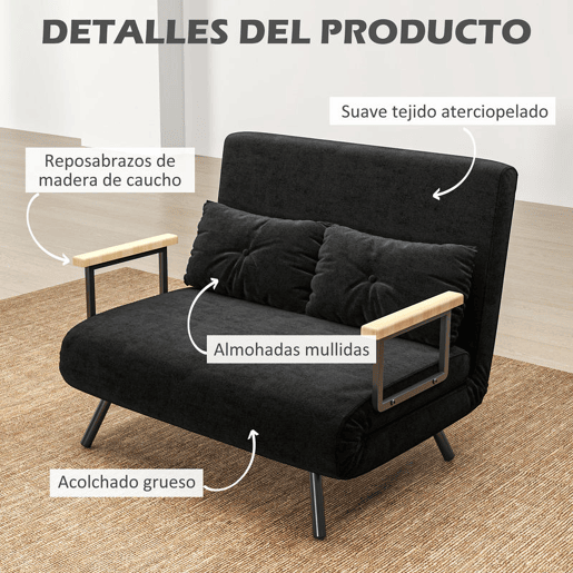 HOMCOM Sofá Cama Sofá Convertível em Cama de 2 Lugares Dobrável com Encosto Ajustável em 5 Níveis e 2 Almofadas Acolchoadas para Escritório Dormitório Sala de Estar 102x73x81 cm Preto