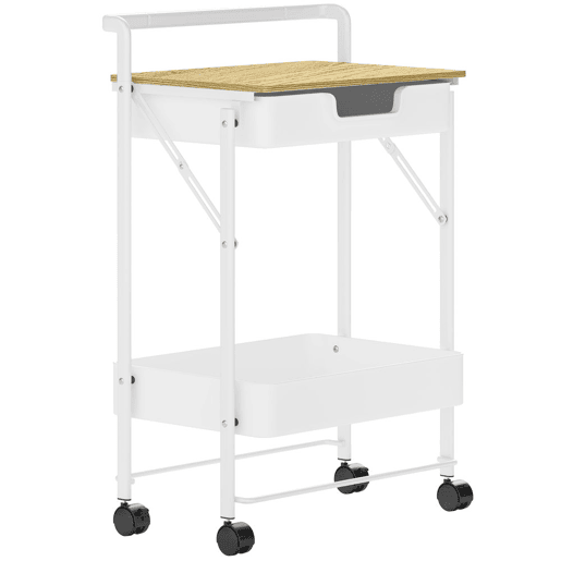 HOMCOM Carrinho Auxiliar com Rodas de 2 Níveis Carrinho de Cozinha com 1 Gaveta e 1 Cesto Carrinho Organizador para Dormitorio Sala Escritório 45x29,5x68 cm Branco