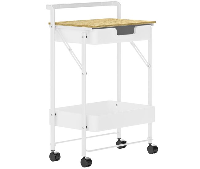 Homcom carrito auxiliar con ruedas de 2 niveles carro de cocina con 1 cajón y 1 cesta carrito organizador para dormitorio salón oficina blanco