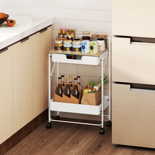 HOMCOM Carrinho Auxiliar com Rodas de 2 Níveis Carrinho de Cozinha com 1 Gaveta e 1 Cesto Carrinho Organizador para Dormitorio Sala Escritório 45x29,5x68 cm Branco