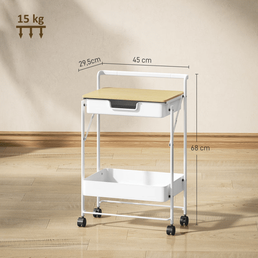 HOMCOM Carrinho Auxiliar com Rodas de 2 Níveis Carrinho de Cozinha com 1 Gaveta e 1 Cesto Carrinho Organizador para Dormitorio Sala Escritório 45x29,5x68 cm Branco