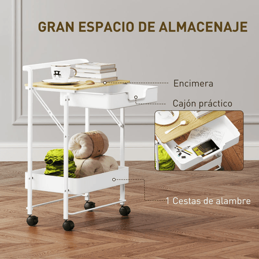 HOMCOM Carrinho Auxiliar com Rodas de 2 Níveis Carrinho de Cozinha com 1 Gaveta e 1 Cesto Carrinho Organizador para Dormitorio Sala Escritório 45x29,5x68 cm Branco