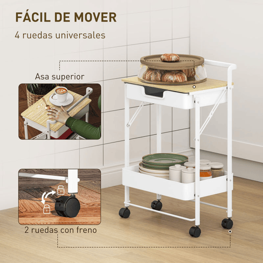 HOMCOM Carrinho Auxiliar com Rodas de 2 Níveis Carrinho de Cozinha com 1 Gaveta e 1 Cesto Carrinho Organizador para Dormitorio Sala Escritório 45x29,5x68 cm Branco