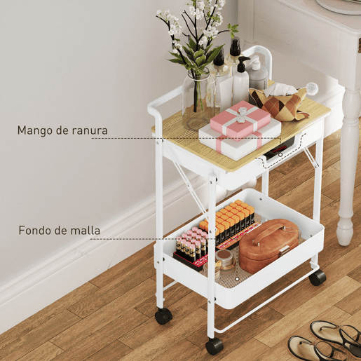 HOMCOM Carrinho Auxiliar com Rodas de 2 Níveis Carrinho de Cozinha com 1 Gaveta e 1 Cesto Carrinho Organizador para Dormitorio Sala Escritório 45x29,5x68 cm Branco