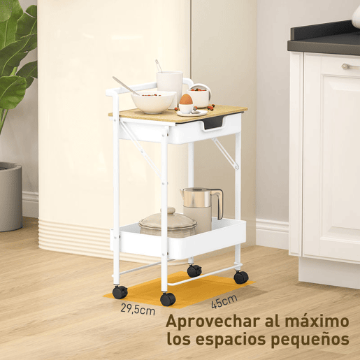 HOMCOM Carrinho Auxiliar com Rodas de 2 Níveis Carrinho de Cozinha com 1 Gaveta e 1 Cesto Carrinho Organizador para Dormitorio Sala Escritório 45x29,5x68 cm Branco