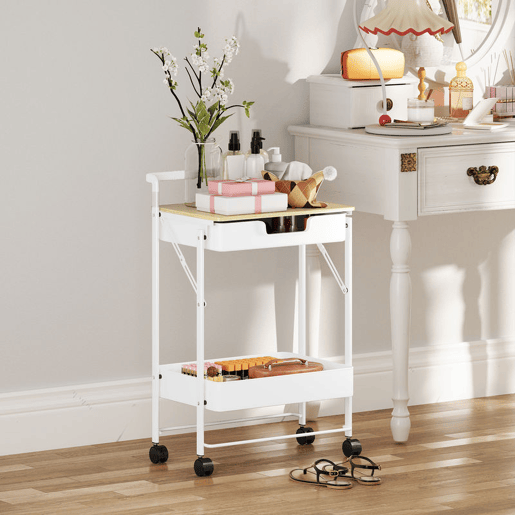 HOMCOM Carrinho Auxiliar com Rodas de 2 Níveis Carrinho de Cozinha com 1 Gaveta e 1 Cesto Carrinho Organizador para Dormitorio Sala Escritório 45x29,5x68 cm Branco