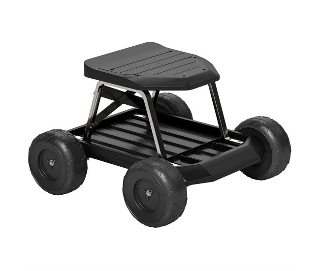 Outsunny asiento de jardín con ruedas taburete de jardinería con bandeja de herramientas carrito para trabajo carga 130 kg para patio exterior negro