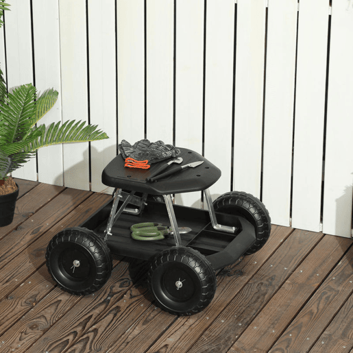 Outsunny Assento de Jardim com Rodas Banco de Jardinagem com Bandeja de Ferramentas Carrinho de Trabalho Carga 130 kg para Pátio Exterior 50x49x32 cm Preto
