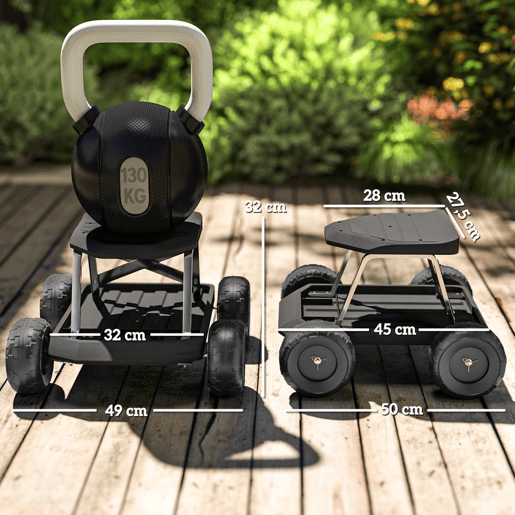 Outsunny Assento de Jardim com Rodas Banco de Jardinagem com Bandeja de Ferramentas Carrinho de Trabalho Carga 130 kg para Pátio Exterior 50x49x32 cm Preto