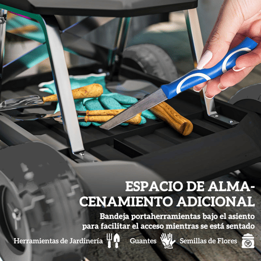 Outsunny Assento de Jardim com Rodas Banco de Jardinagem com Bandeja de Ferramentas Carrinho de Trabalho Carga 130 kg para Pátio Exterior 50x49x32 cm Preto