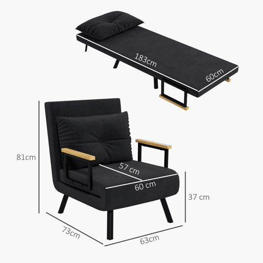 HOMCOM Poltrona Convertível em Cama Dobrável Poltrona 3 em 1 Convertível em Cama com Encosto Ajustável em 5 Níveis e Almofada Acolchoada para Escritório Sala de Estar Carga 120 kg 63x73x81 cm Preto