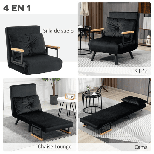HOMCOM Poltrona Convertível em Cama Dobrável Poltrona 3 em 1 Convertível em Cama com Encosto Ajustável em 5 Níveis e Almofada Acolchoada para Escritório Sala de Estar Carga 120 kg 63x73x81 cm Preto