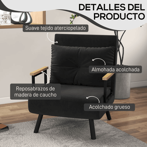 HOMCOM Poltrona Convertível em Cama Dobrável Poltrona 3 em 1 Convertível em Cama com Encosto Ajustável em 5 Níveis e Almofada Acolchoada para Escritório Sala de Estar Carga 120 kg 63x73x81 cm Preto