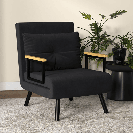 HOMCOM Poltrona Convertível em Cama Dobrável Poltrona 3 em 1 Convertível em Cama com Encosto Ajustável em 5 Níveis e Almofada Acolchoada para Escritório Sala de Estar Carga 120 kg 63x73x81 cm Preto