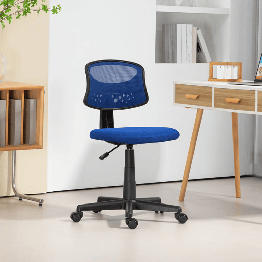 HOMCOM Cadeira de Escritório sem Apoio para os Braços Cadeira de Escritório Giratória com Encosto de Malha Respirável Altura Ajustável Carga 120 kg 43x48x78-88 cm Azul