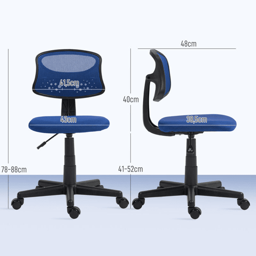 HOMCOM Cadeira de Escritório sem Apoio para os Braços Cadeira de Escritório Giratória com Encosto de Malha Respirável Altura Ajustável Carga 120 kg 43x48x78-88 cm Azul