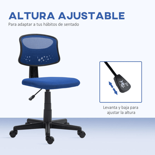 HOMCOM Cadeira de Escritório sem Apoio para os Braços Cadeira de Escritório Giratória com Encosto de Malha Respirável Altura Ajustável Carga 120 kg 43x48x78-88 cm Azul