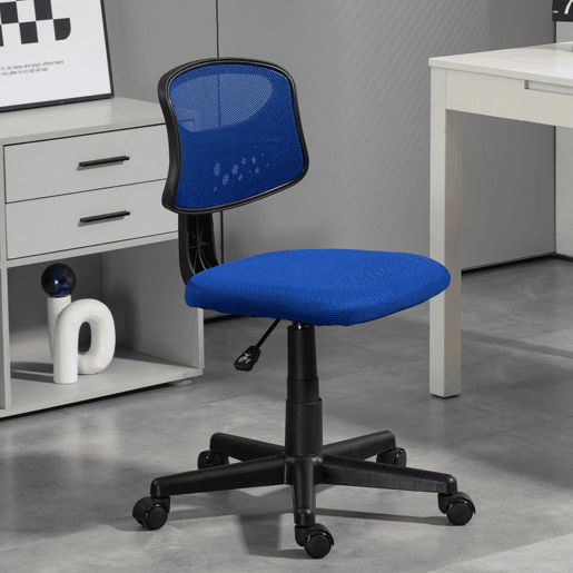 HOMCOM Cadeira de Escritório sem Apoio para os Braços Cadeira de Escritório Giratória com Encosto de Malha Respirável Altura Ajustável Carga 120 kg 43x48x78-88 cm Azul