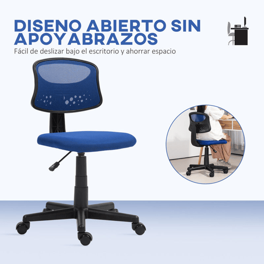 HOMCOM Cadeira de Escritório sem Apoio para os Braços Cadeira de Escritório Giratória com Encosto de Malha Respirável Altura Ajustável Carga 120 kg 43x48x78-88 cm Azul