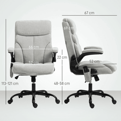 HOMCOM Cadeira de Escritório com Massagem Cadeira Giratória com Altura Ajustável Função de Aquecimento Apoios de Braços Rebatíveis Encosto Alto e Controlo Remoto 66x67x113-121 cm Cinzento