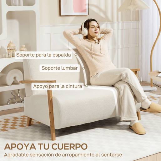 HOMCOM Sofá de 2 Lugares Estofado em Borreguito Sofá de Sala de Estar de 118 cm com Acolchoado Espesso Apoios de Braço e Pés de Madeira para Quarto Sala de Estar 118x76x78 cm Creme